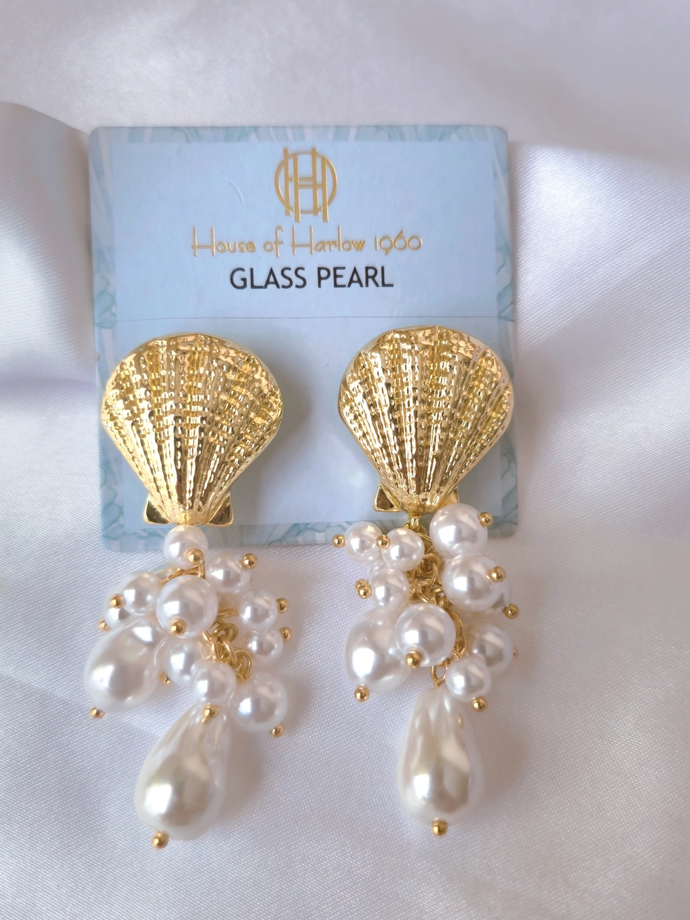 House of Harlow 1960 Gold Shell Pearl Drop Earrings - White